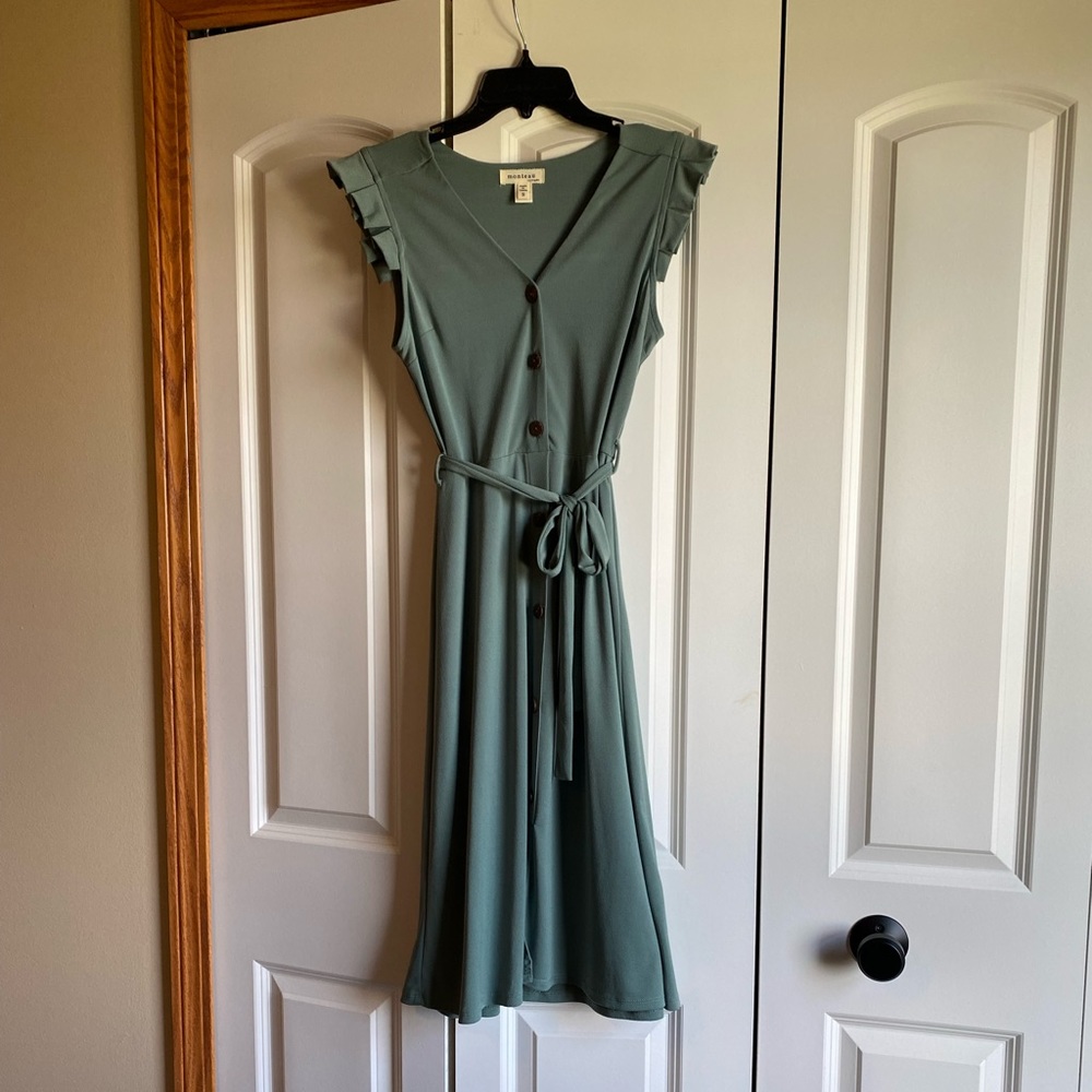 Sage Green Dress with button detail and tie at waist